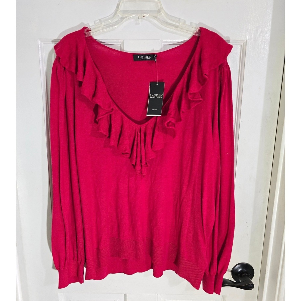 Lauren Ralph Lauren Red Ruffle V-Neck Puff Sleeve Sweater 3X NWT 202889 - Picture 6 of 8